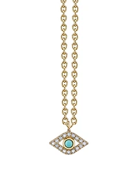 Extra Large 14K Yellow Gold Evil Eye Charm Necklace With Turquoise And Diamonds
