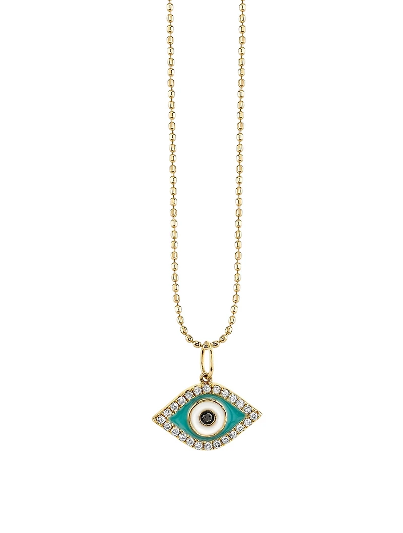 Small Enamel Evil Eye 14K Yellow Gold Charm Necklace With Turquoise And Diamonds
