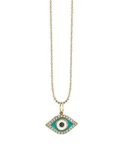 Small Enamel Evil Eye 14K Yellow Gold Charm Necklace With Turquoise And Diamonds