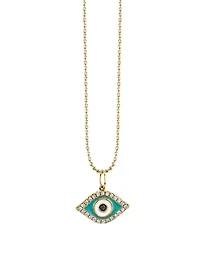 Small Enamel Evil Eye 14K Yellow Gold Charm Necklace With Turquoise And Diamonds