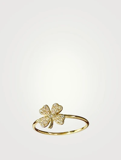 14K Gold Clover Ring With Diamonds