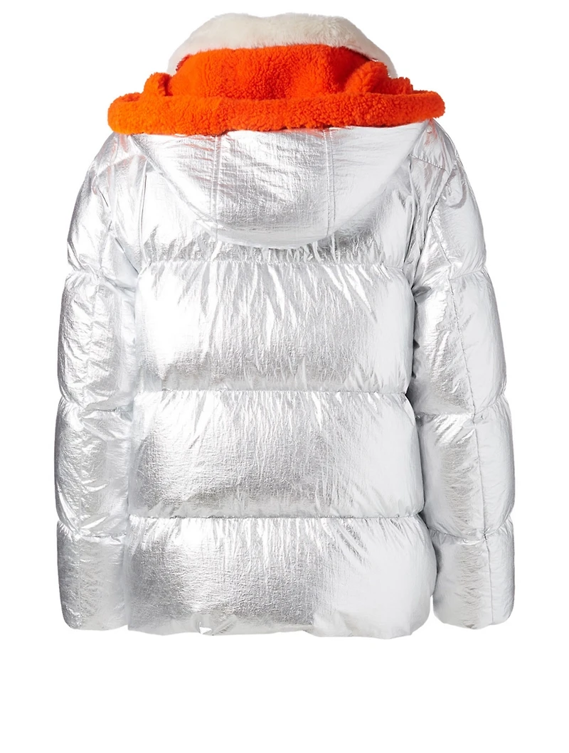 Metallic Down Puffer Coat With Fur
