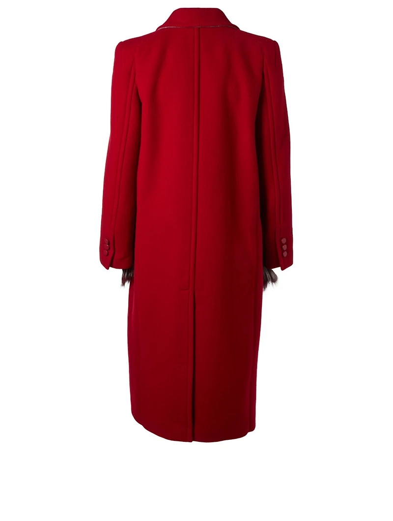 Long Wool Coat With Fox Fur Pockets