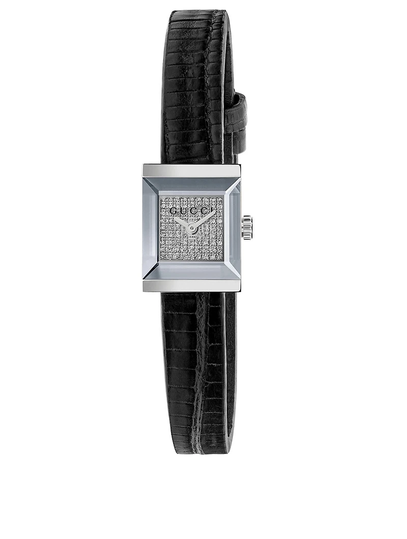 G-Frame Steel Lizard Strap Watch With Diamonds