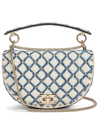 Rockstud Spike Leather And Denim Saddle Bag