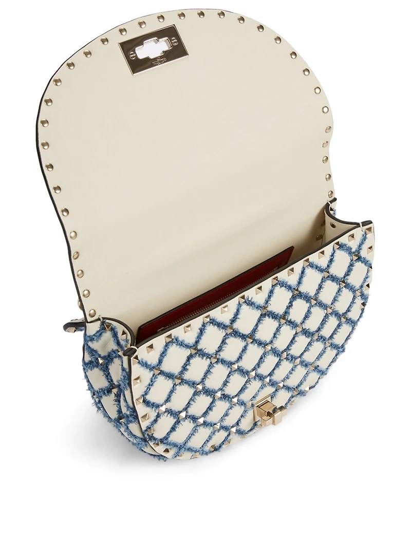 Rockstud Spike Leather And Denim Saddle Bag