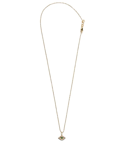 Large 14K Gold Bezel Evil Eye Charm Necklace With Emerald and Diamonds