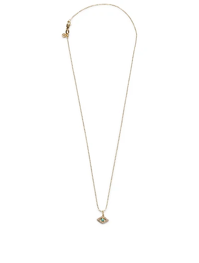 Large 14K Gold Bezel Evil Eye Charm Necklace With Turquoise And Diamonds