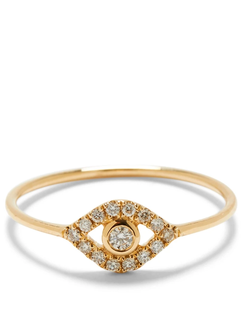 Large 14K Gold Bezel Evil Eye Ring With Diamonds