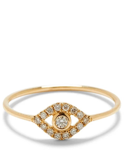 Large 14K Gold Bezel Evil Eye Ring With Diamonds