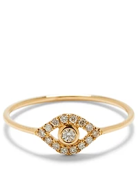 Large 14K Gold Bezel Evil Eye Ring With Diamonds