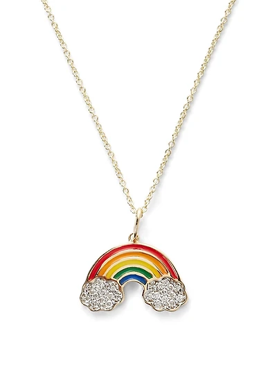 14K Gold Enamel Rainbow Charm Necklace With Diamonds