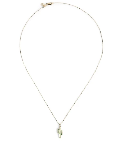 14K Gold Cactus Charm Necklace With Emeralds