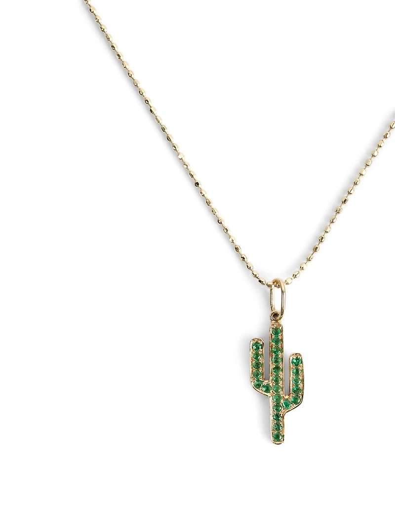 14K Gold Cactus Charm Necklace With Emeralds