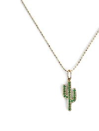 14K Gold Cactus Charm Necklace With Emeralds
