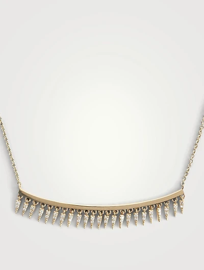 14K Gold Fringe Drop Bar Necklace With Pavé Diamonds