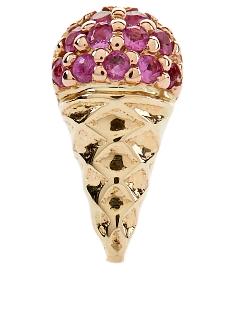 Small 14K Gold Ice Cream Cone Stud Earring With Pink Sapphires
