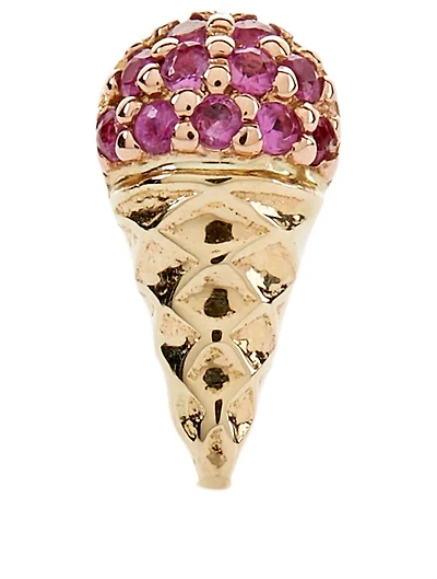 Small 14K Gold Ice Cream Cone Stud Earring With Pink Sapphires