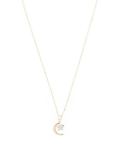 14K Gold Moon And Star Pendant Necklace With Diamonds