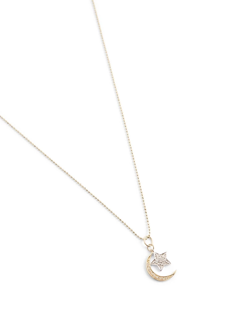 14K Gold Moon And Star Pendant Necklace With Diamonds