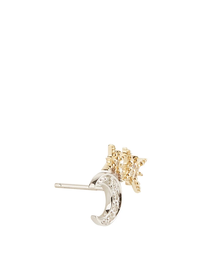 14K Gold Moon Left Stud Earring With Diamonds