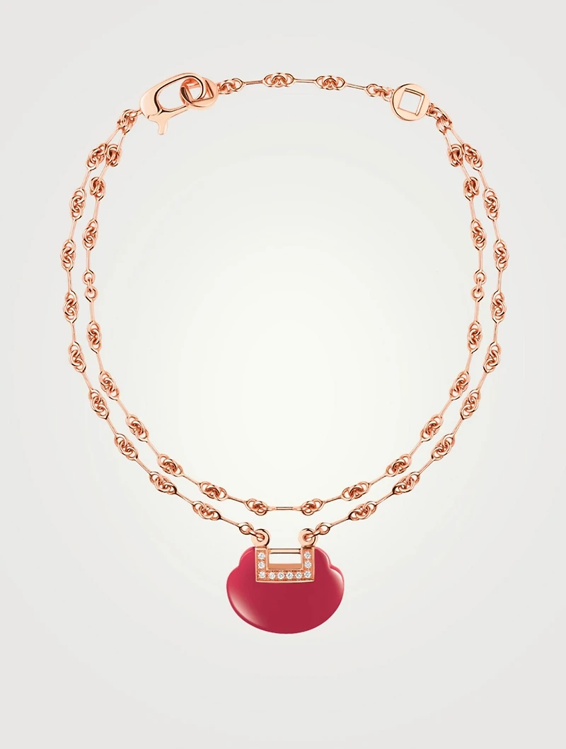 Small Yu Yi 18K Rose Gold Double-Chain Bracelet With Diamonds And Red Agate