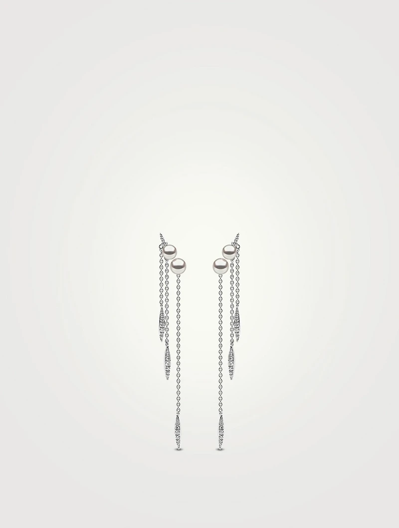 18K White Gold Triple Chain Earrings With Pearls and Diamonds