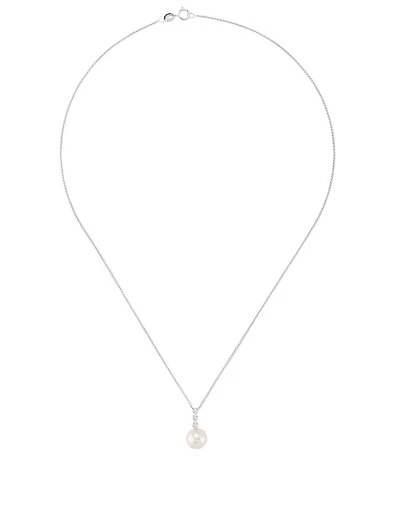 18K White Gold Triple Bezel Pendant Necklace With Pearl and Diamonds