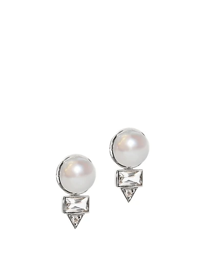 Cléo Sterling Silver Spear Baguette Pearl Stud Earrings With Topaz And White Sapphire