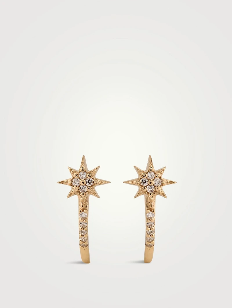 Aztec 14K Gold Micro North Star Half Hoop Earrings With Diamonds