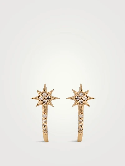 Aztec 14K Gold Micro North Star Half Hoop Earrings With Diamonds