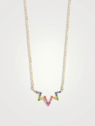 Aztec 14K Gold Starburst Rainbow Zig Zag Necklace With Multicolour Sapphire And Tsavorite