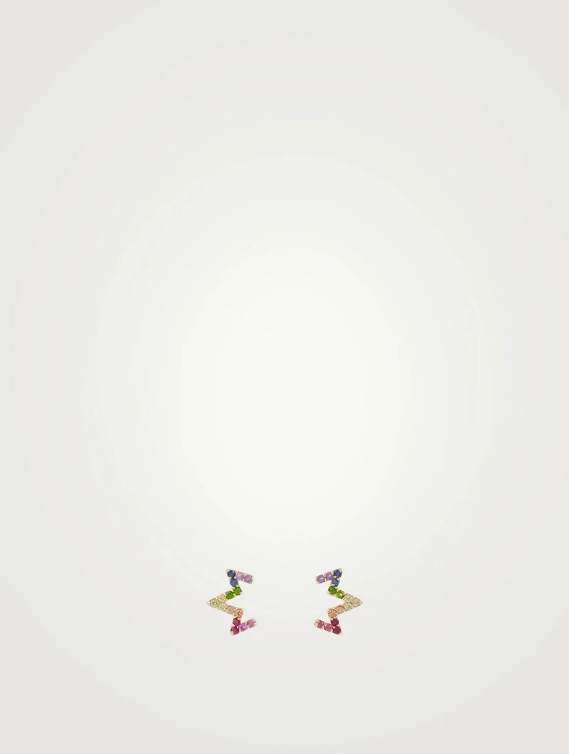 Aztec 14K Gold Starburst Rainbow Zig Zag Stud Earrings With Multicolour Sapphire And Tsavorite
