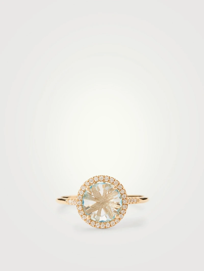 Small 14K Gold Round Soleil Ring With Blue Topaz And Diamonds
