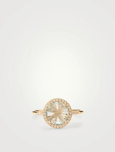 Small 14K Gold Round Soleil Ring With Blue Topaz And Diamonds