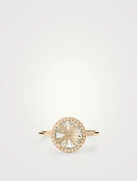 Small 14K Gold Round Soleil Ring With Blue Topaz And Diamonds