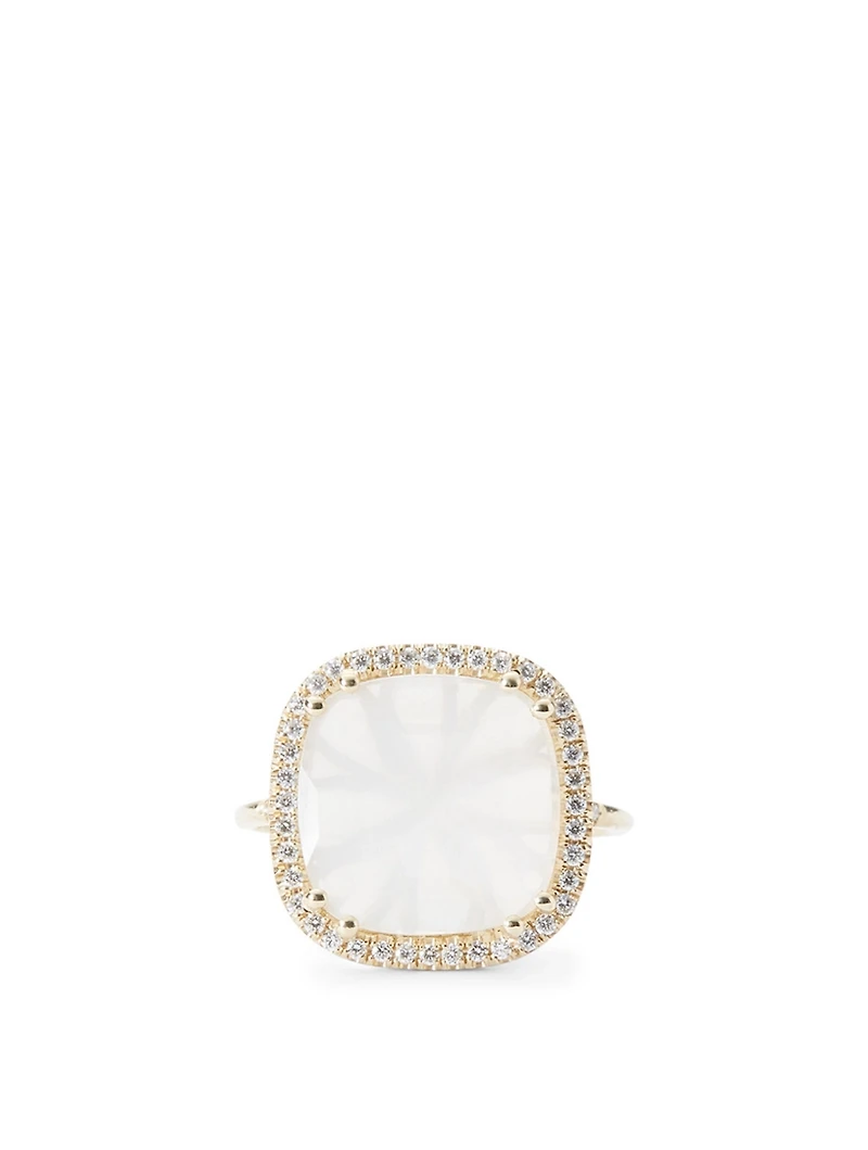 Large 14K Gold Cushion Soleil Ring With White Moonstone And Diamonds