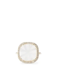 Large 14K Gold Cushion Soleil Ring With White Moonstone And Diamonds