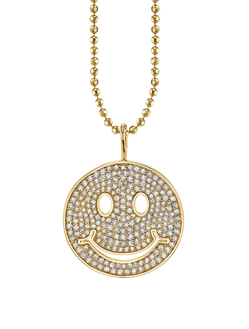 Large 14K Gold Happy Face Charm Necklace With Diamonds