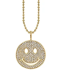 Large 14K Gold Happy Face Charm Necklace With Diamonds