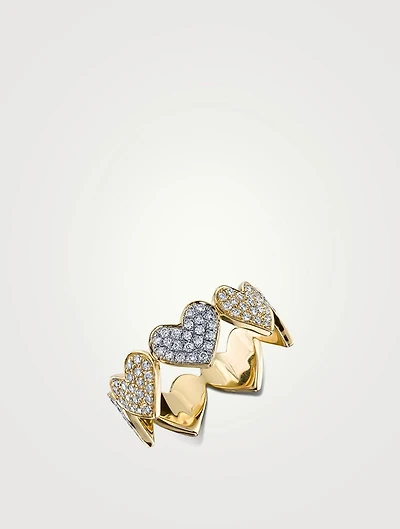 Large 14K Gold Heart Eternity Ring With Diamonds