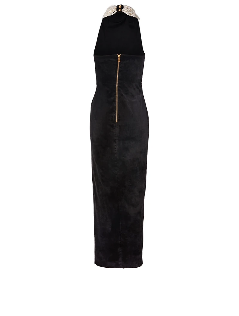 Velvet Halterneck Dress With Pearl Necklace