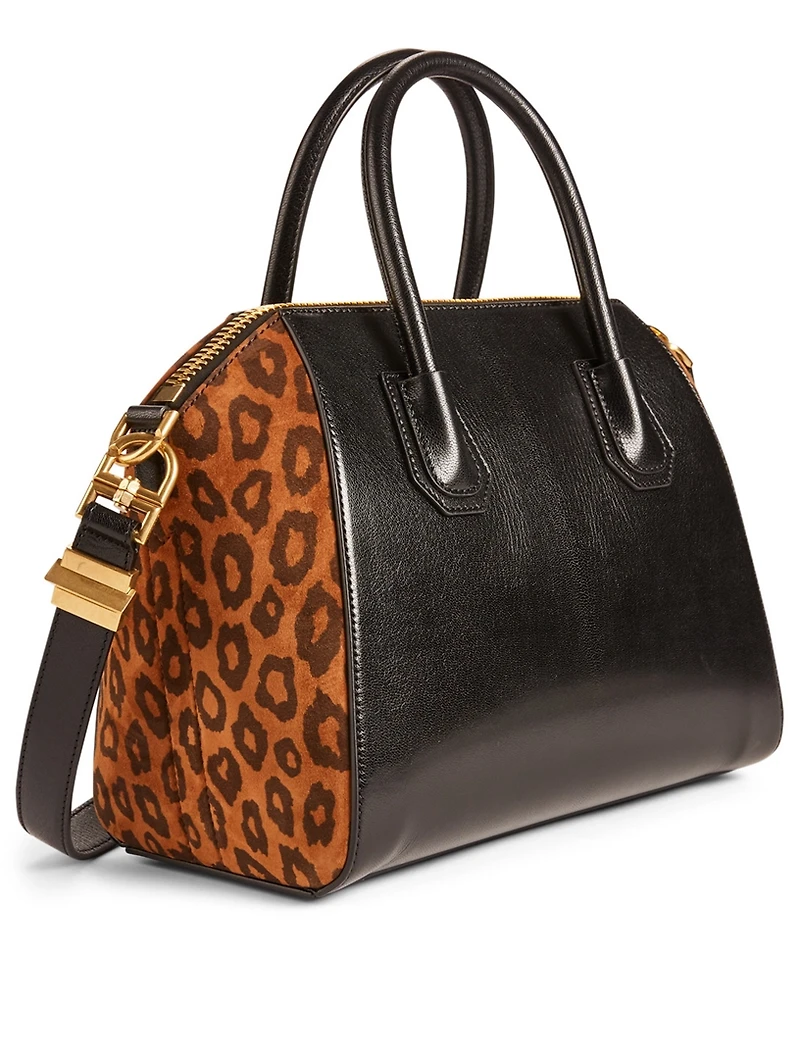 Small Antigona Leather And Suede Bag With Leopard Print