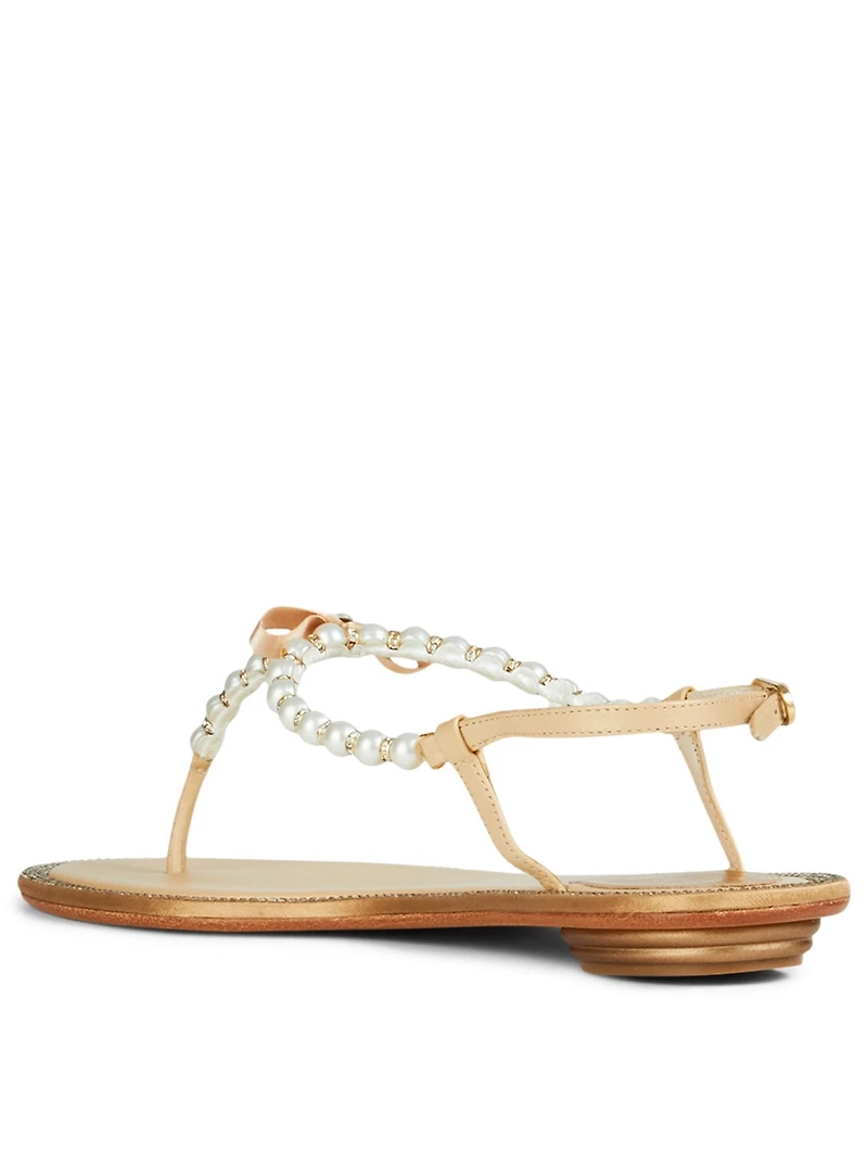 Eliza Leather Pearl Strass Thong Sandals