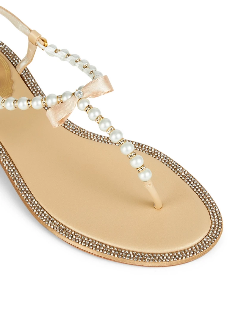 Eliza Leather Pearl Strass Thong Sandals