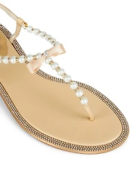 Eliza Leather Pearl Strass Thong Sandals