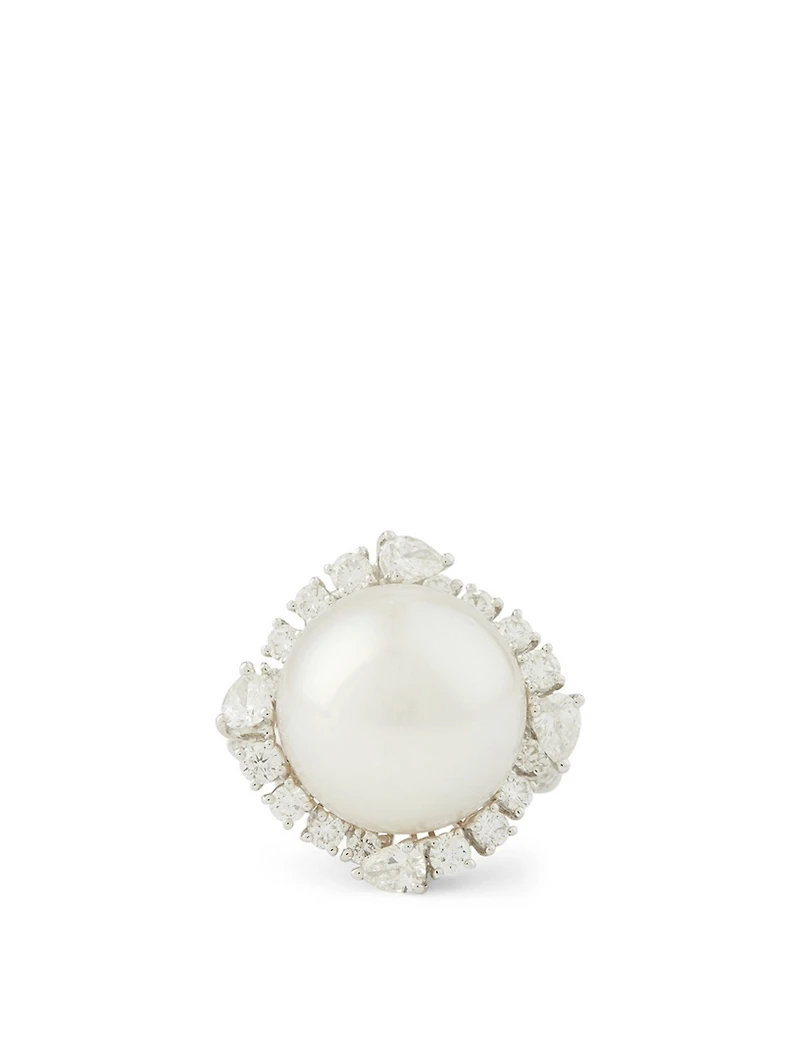 18K White Gold Pearl Ring With Diamonds