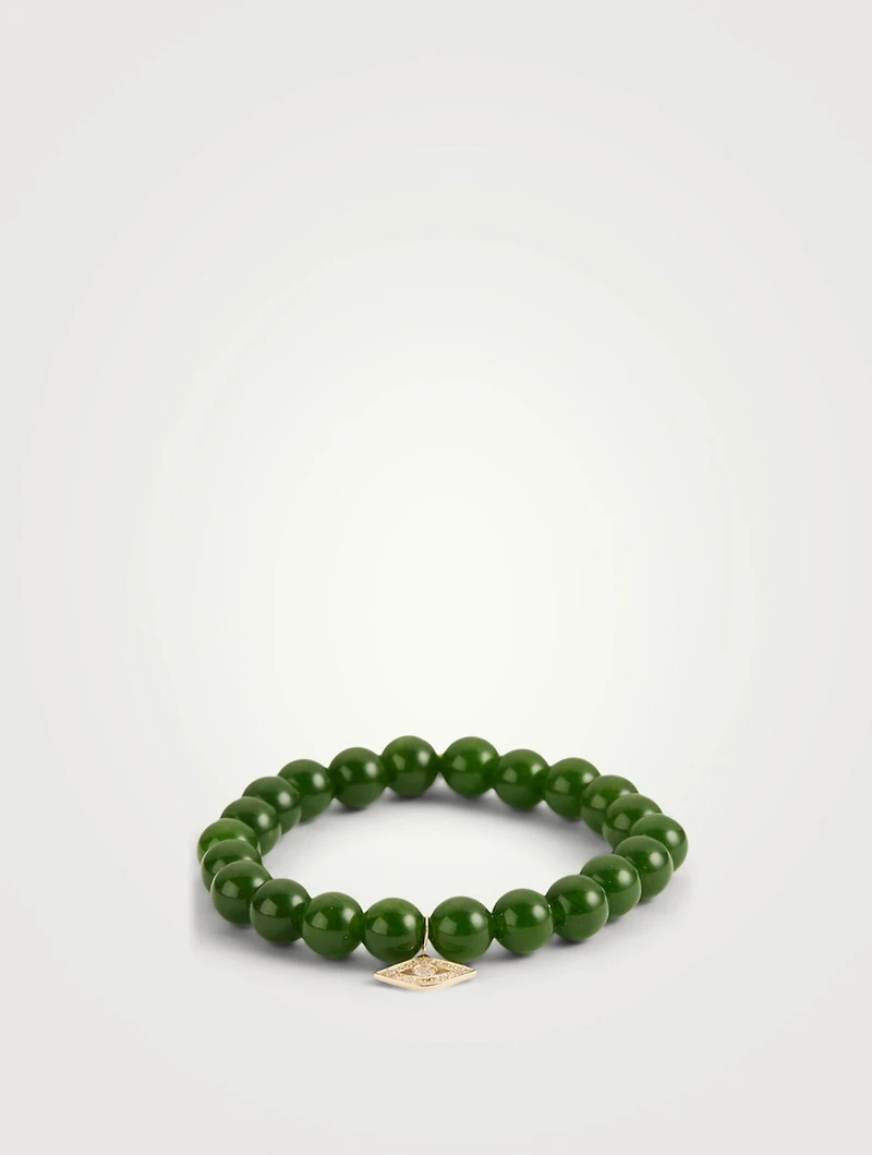 Beaded Jade Bracelet With 14K Gold Mini Diamond Evil Eye Charm