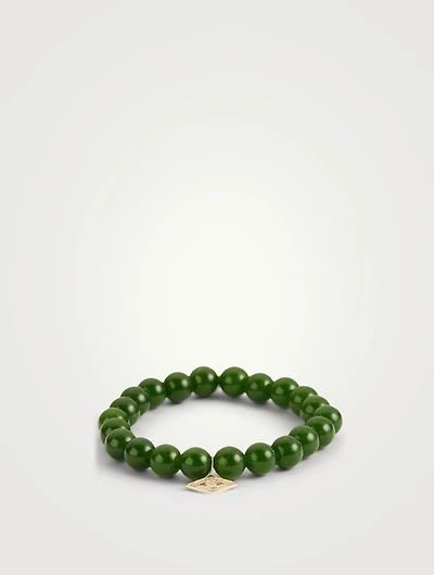 Beaded Jade Bracelet With 14K Gold Mini Diamond Evil Eye Charm