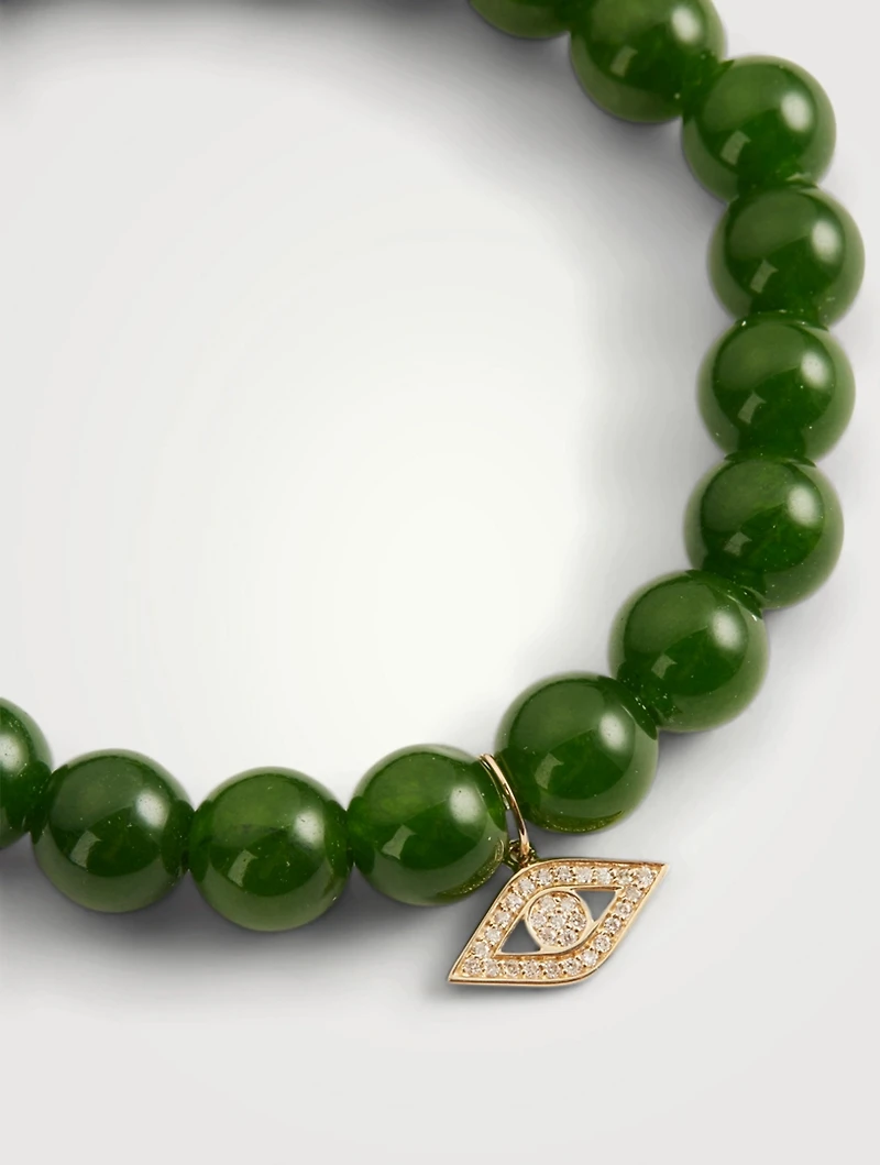 Beaded Jade Bracelet With 14K Gold Mini Diamond Evil Eye Charm